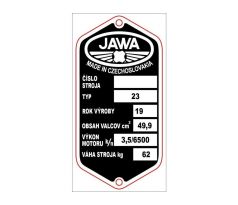 Výrobny štítok ,,JAWA 23 Mustang