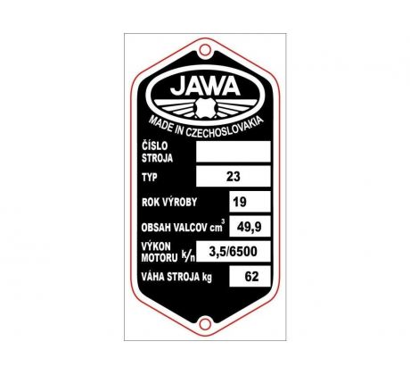 Výrobny štítok ,,JAWA 23 Mustang